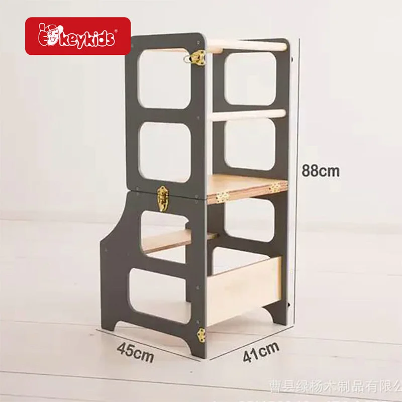Factory Price Green Wooden Toddler Kitchen Stool Helper with Safty Rail W08G399