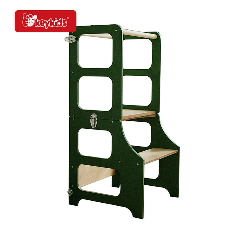 Factory Price Green Wooden Toddler Kitchen Stool Helper with Safty Rail W08G399
