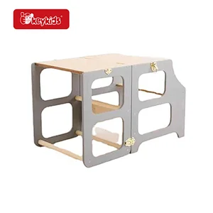 Factory Price Green Wooden Toddler Kitchen Stool Helper with Safty Rail W08G399