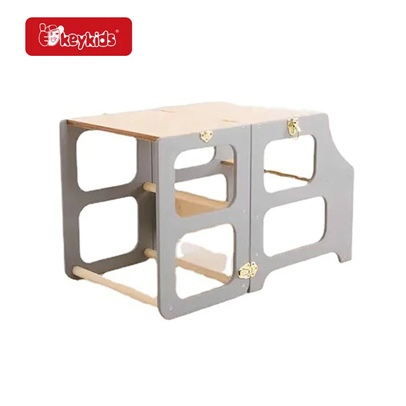 Factory Price Green Wooden Toddler Kitchen Stool Helper with Safty Rail W08G399